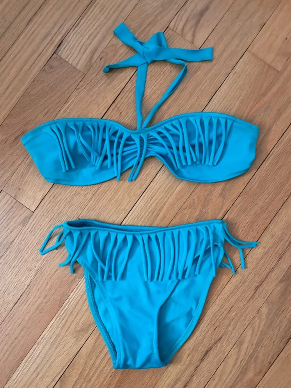 Vintage Toddler Fringed Bikini, Turquoise + Folding Kitty Sunglasses Set, 4T